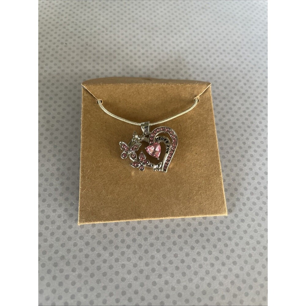 Pink Heart and Butterfly I Love You Pendant Necklace Silver Tone Romantic